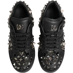 Black Leather Studded Low Top Sneakers Shoes
