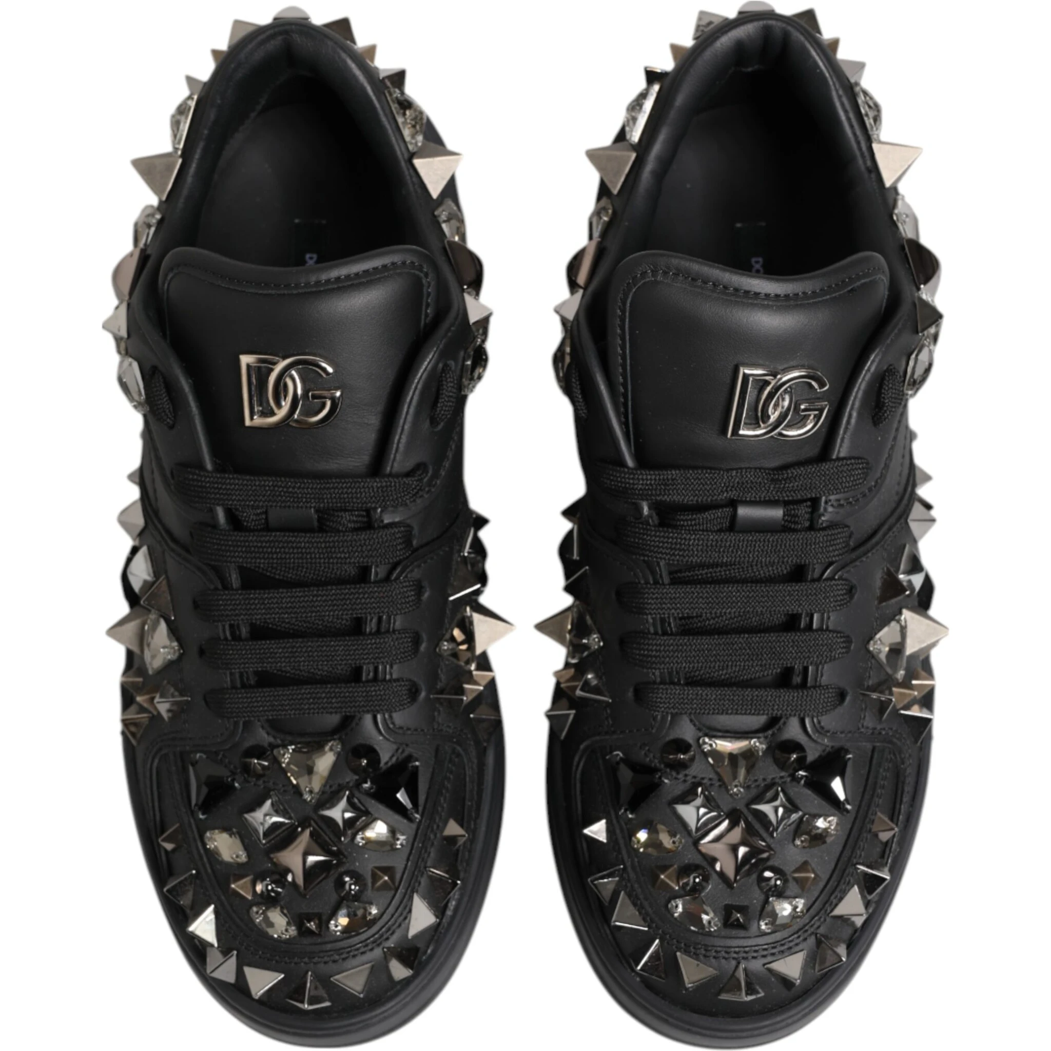 Black Leather Studded Low Top Sneakers Shoes