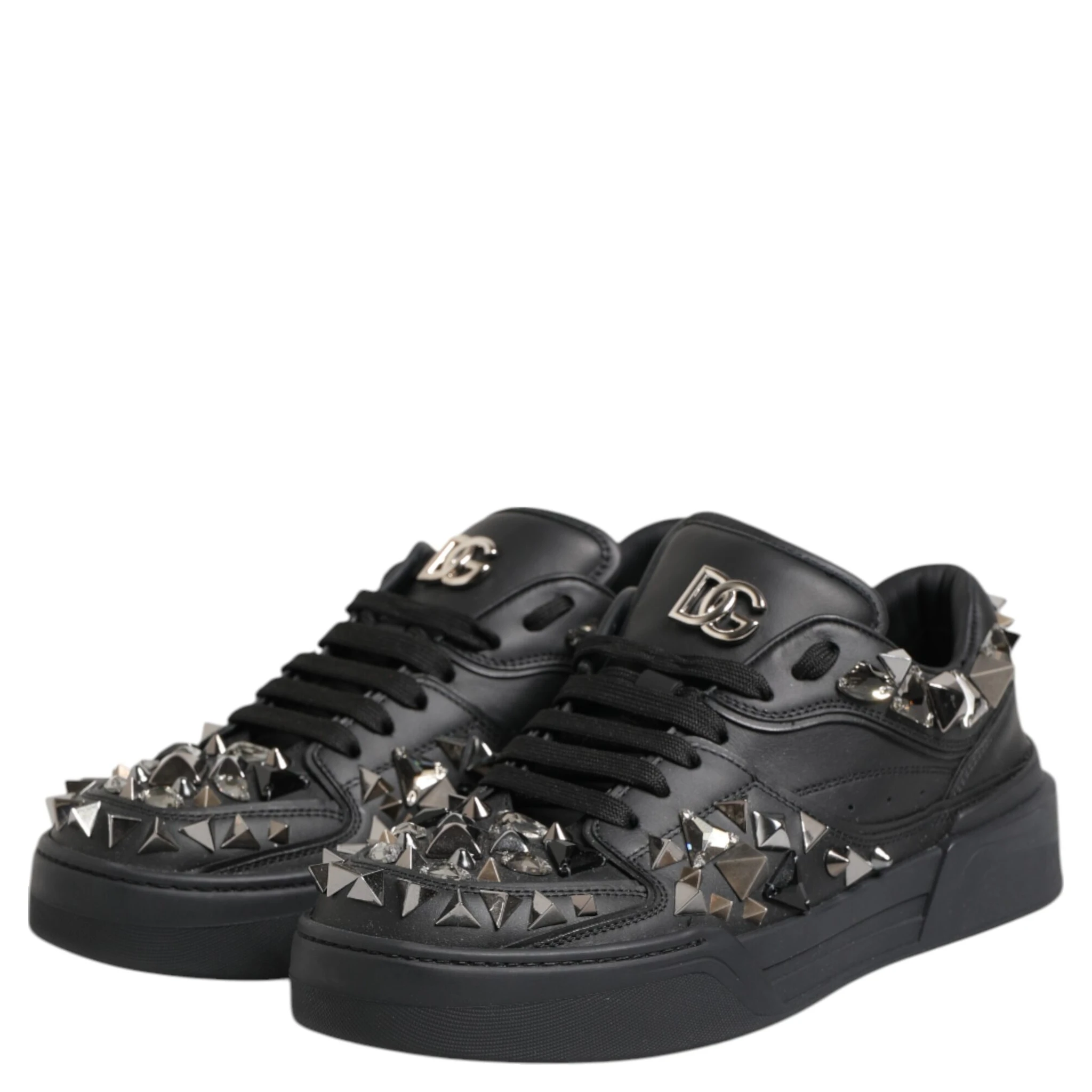 Black Leather Studded Low Top Sneakers Shoes