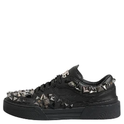 Black Leather Studded Low Top Sneakers Shoes