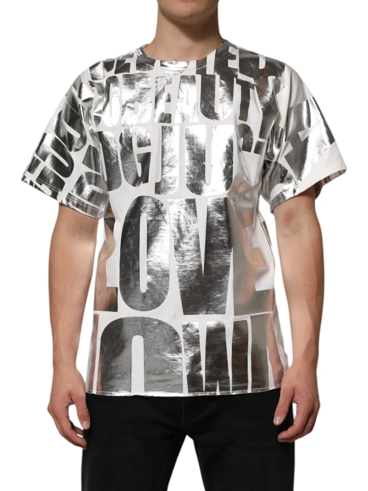 White Metallic Print Cotton CrewNeck T-shirt