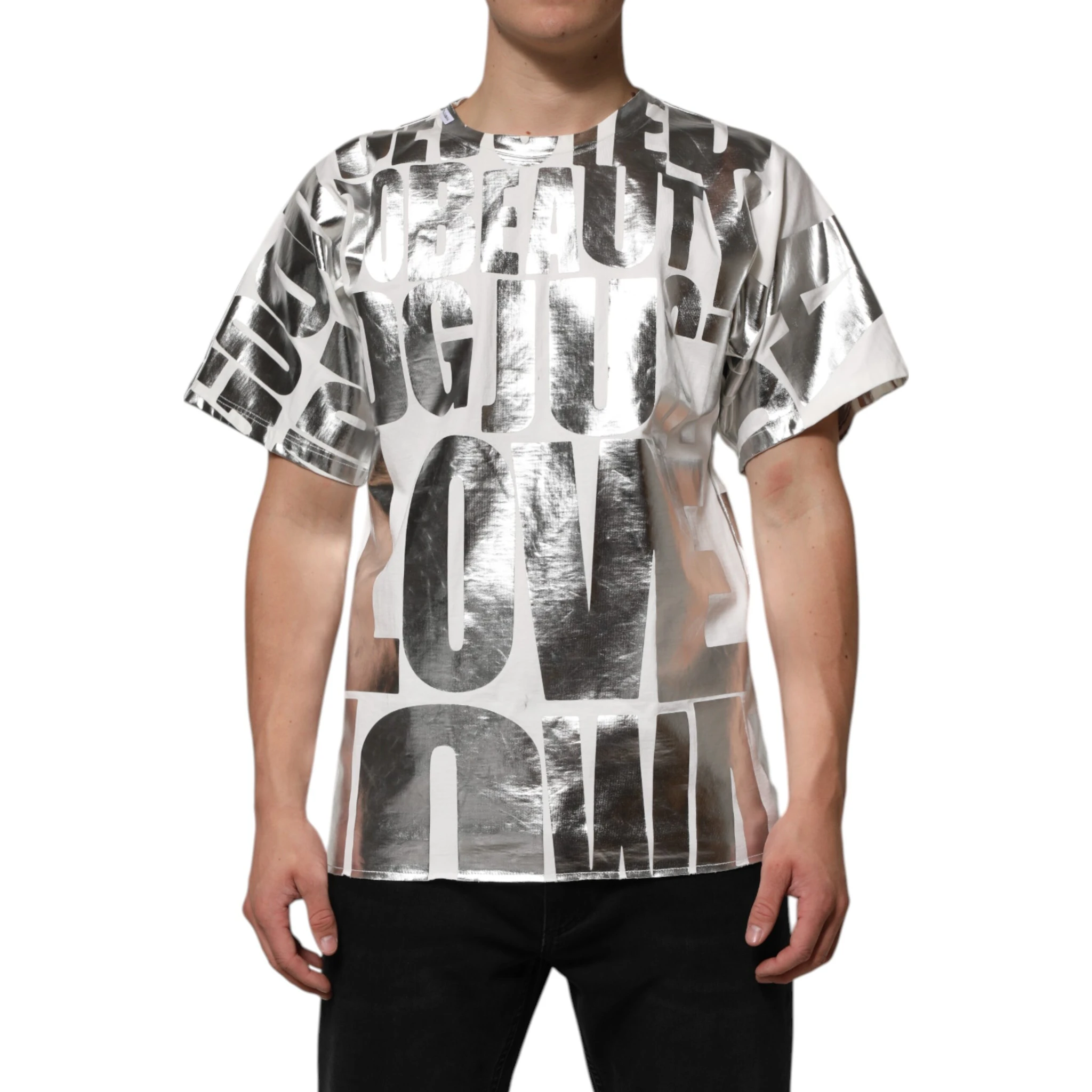 White Metallic Print Cotton CrewNeck T-shirt