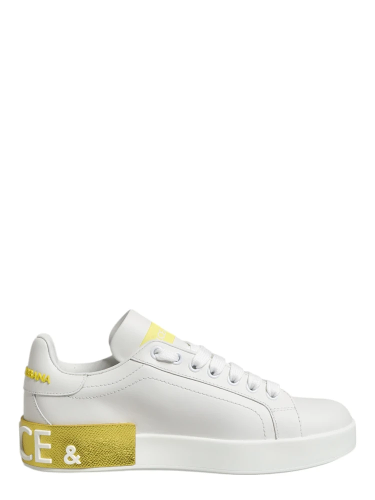 White Yellow Leather Low Top Sneakers Shoes