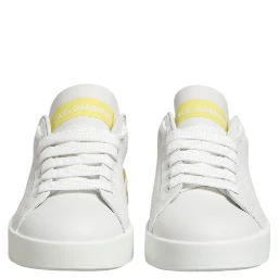 White Yellow Leather Low Top Sneakers Shoes