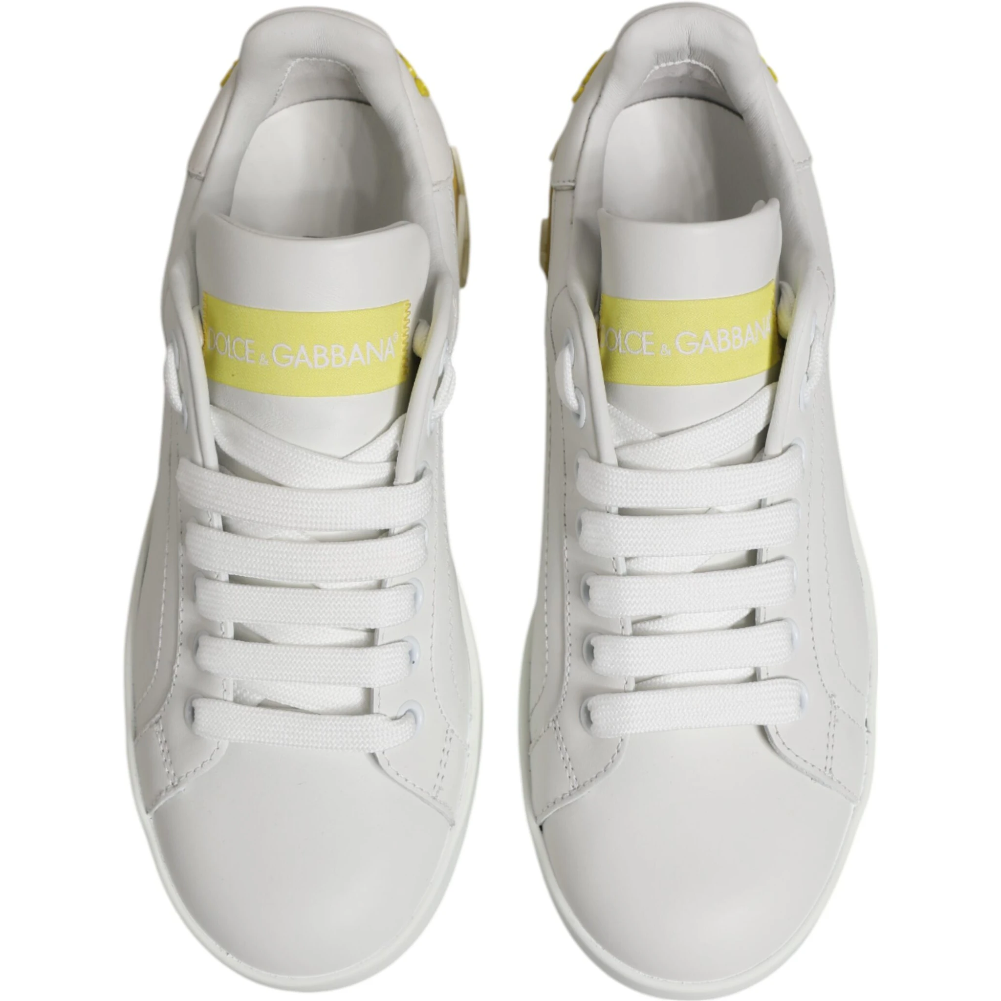 White Yellow Leather Low Top Sneakers Shoes