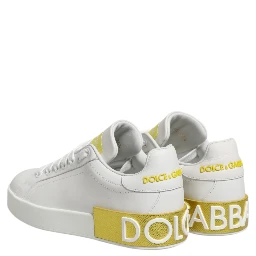 White Yellow Leather Low Top Sneakers Shoes