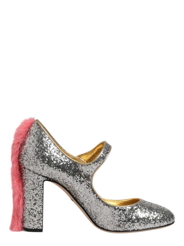 Silver Glitter Mink Fur VALLY Pumps Shoes