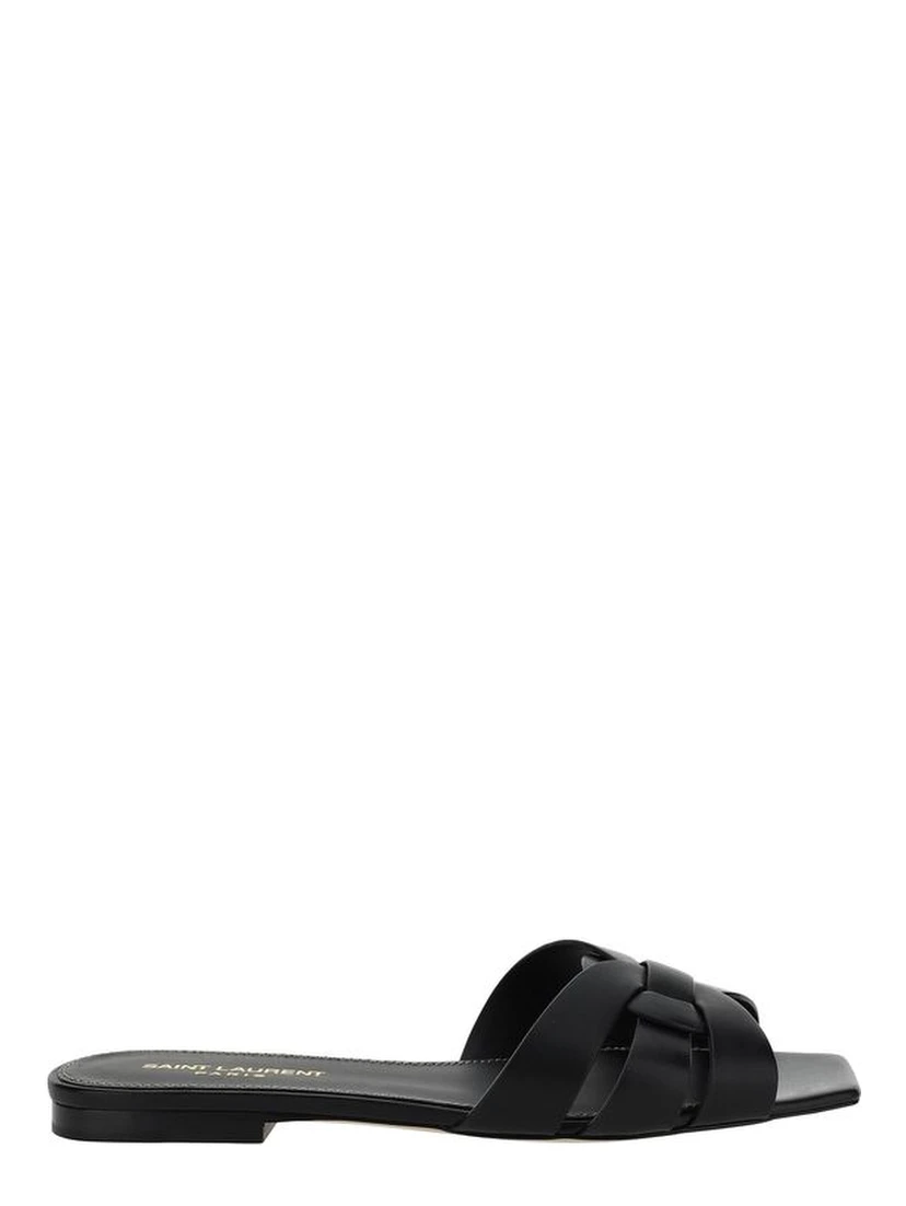 Black Calf Leather Bos Taurus Flat Sandals