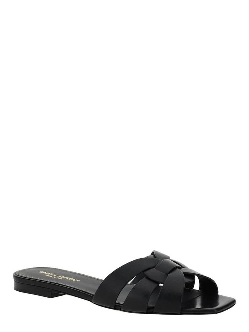 Black Calf Leather Bos Taurus Flat Sandals