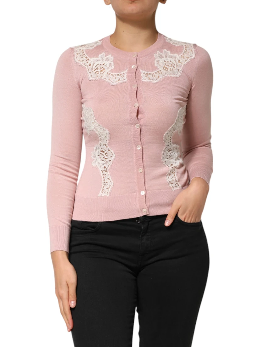 Pink Floral Lace Detailing Cardigan Sweater