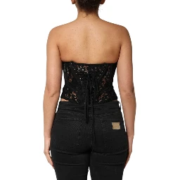 Black Strapless Floral Lace Bustier Cropped Top