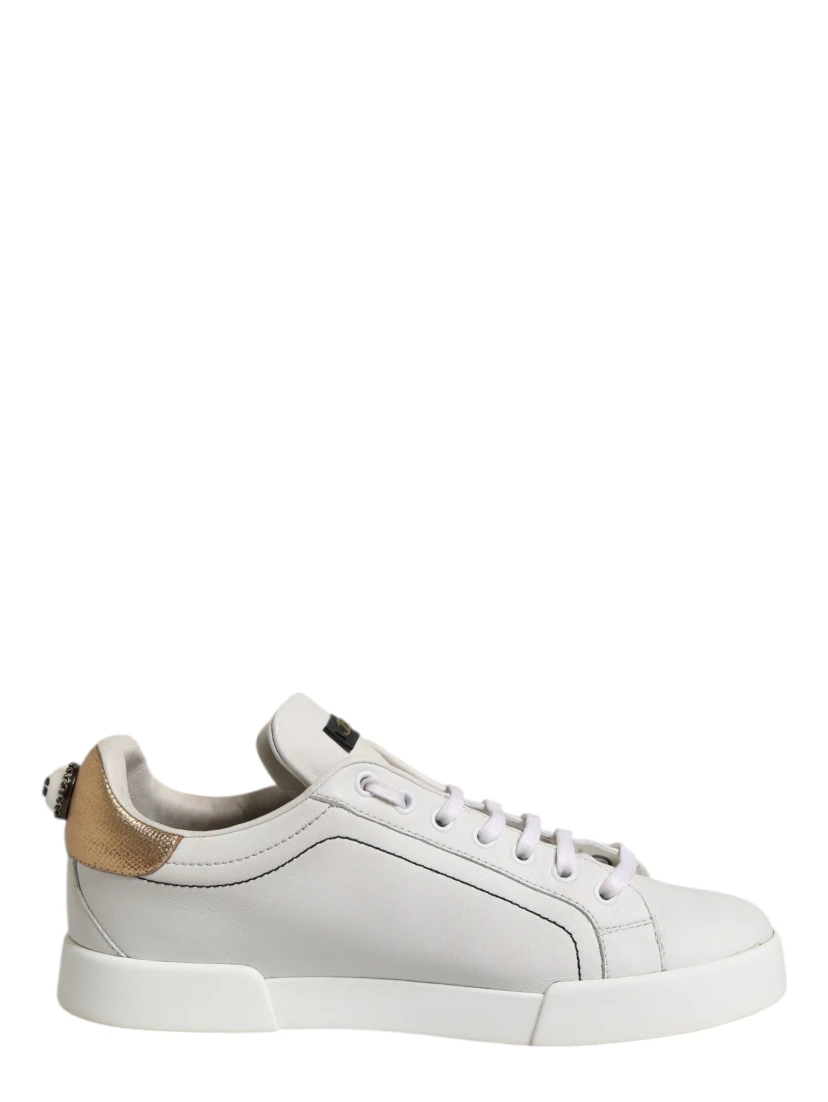 White Gold Leather Low Top Sneakers Shoes