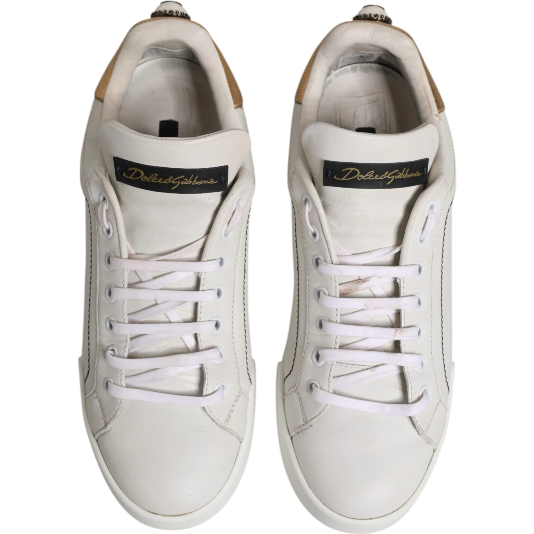 White Gold Leather Low Top Sneakers Shoes