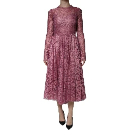 Pink Floral Lace Long Sleeve Midi Dress