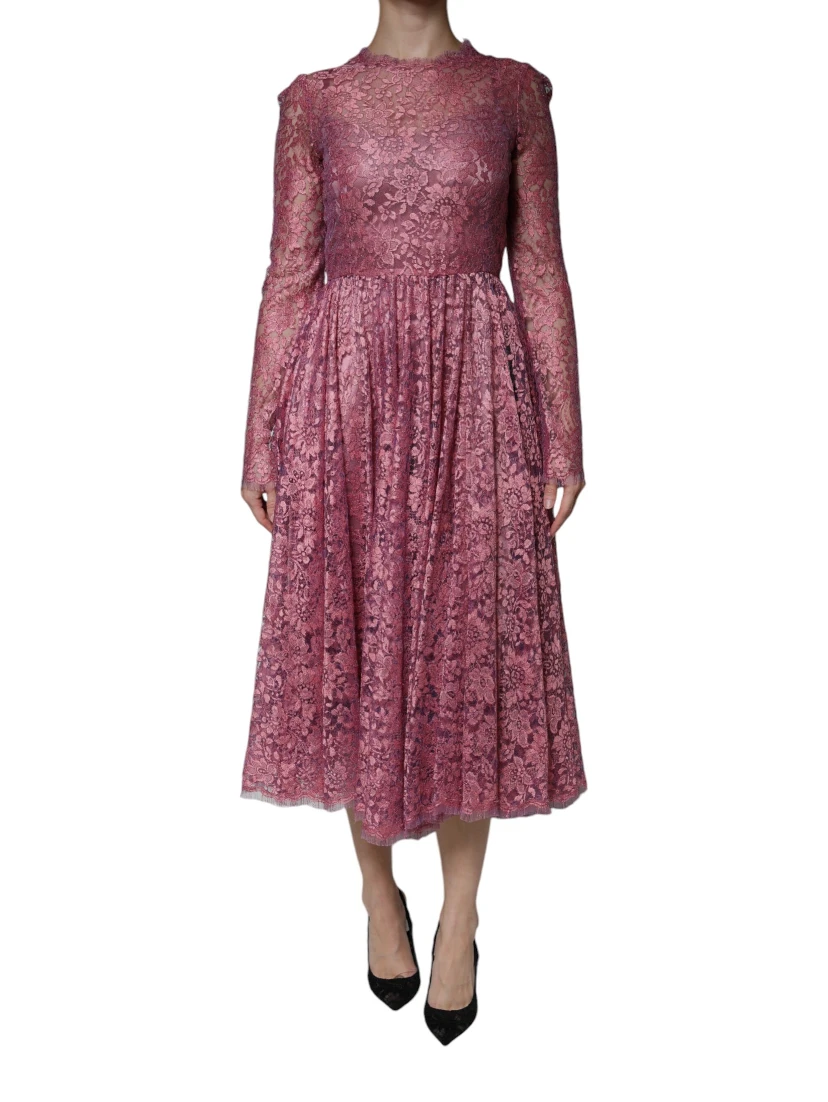 Pink Floral Lace Long Sleeve Midi Dress
