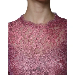 Pink Floral Lace Long Sleeve Midi Dress