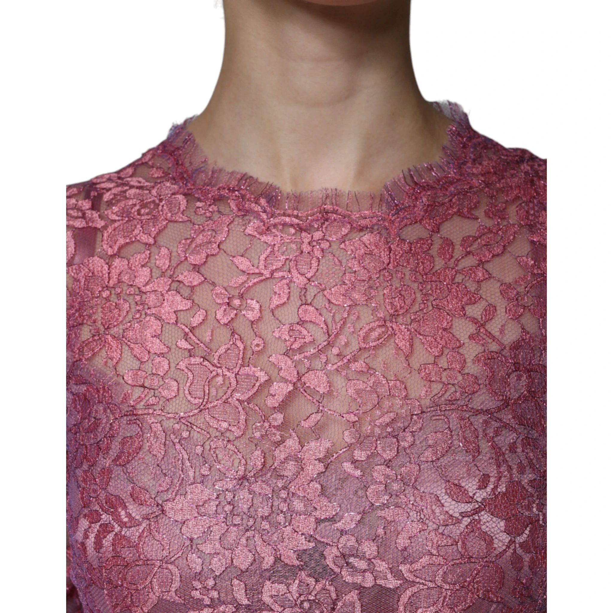 Pink Floral Lace Long Sleeve Midi Dress