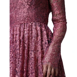 Pink Floral Lace Long Sleeve Midi Dress