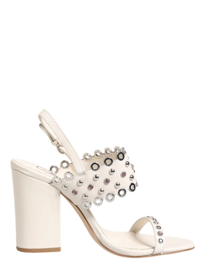 White Block Heeled Studded Quarter Strap Sandals Shoes