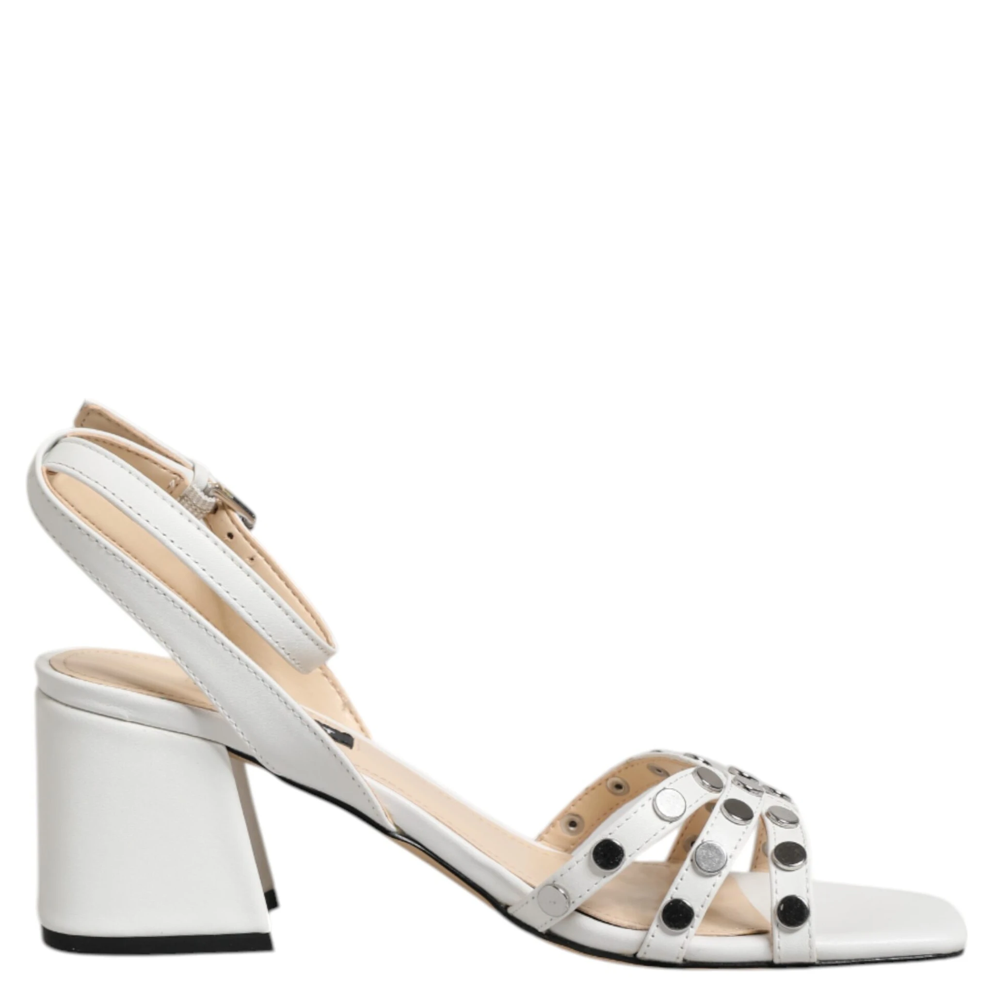 White Block Heeled Studded Wrap Strap Sandals Shoes