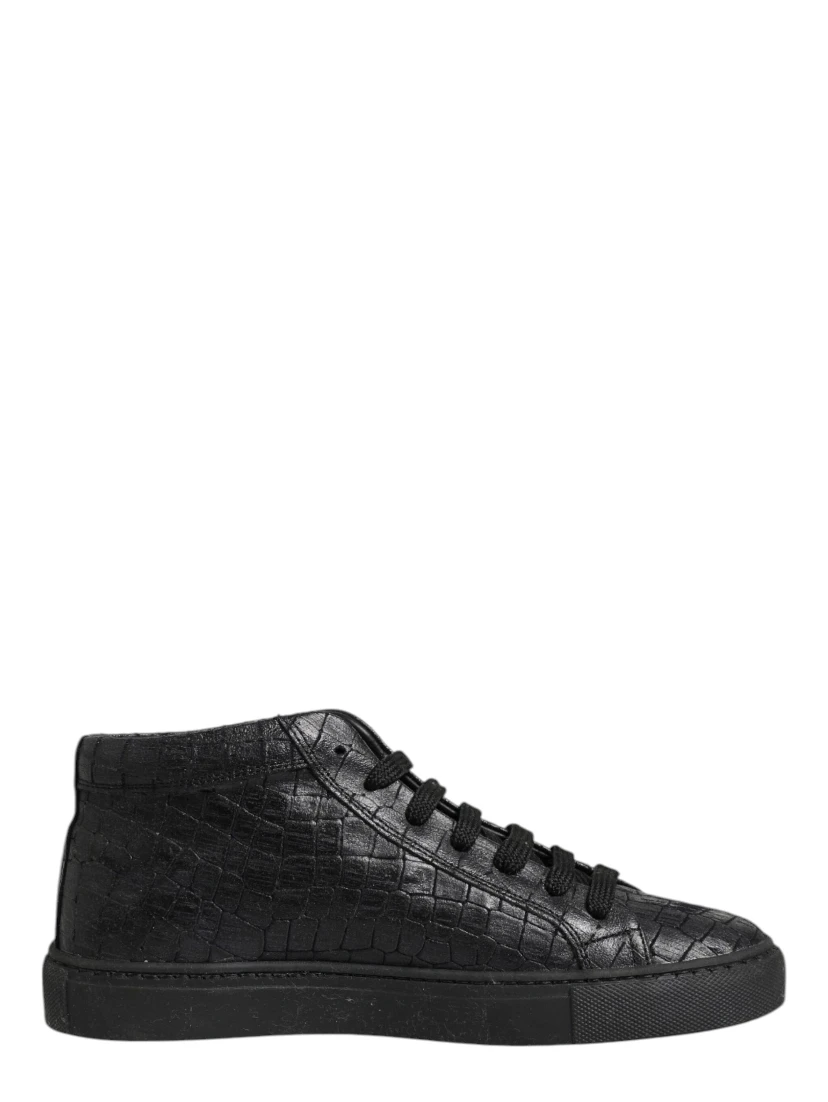 Black Leather Lace Up Mid Top Sneakers Shoes