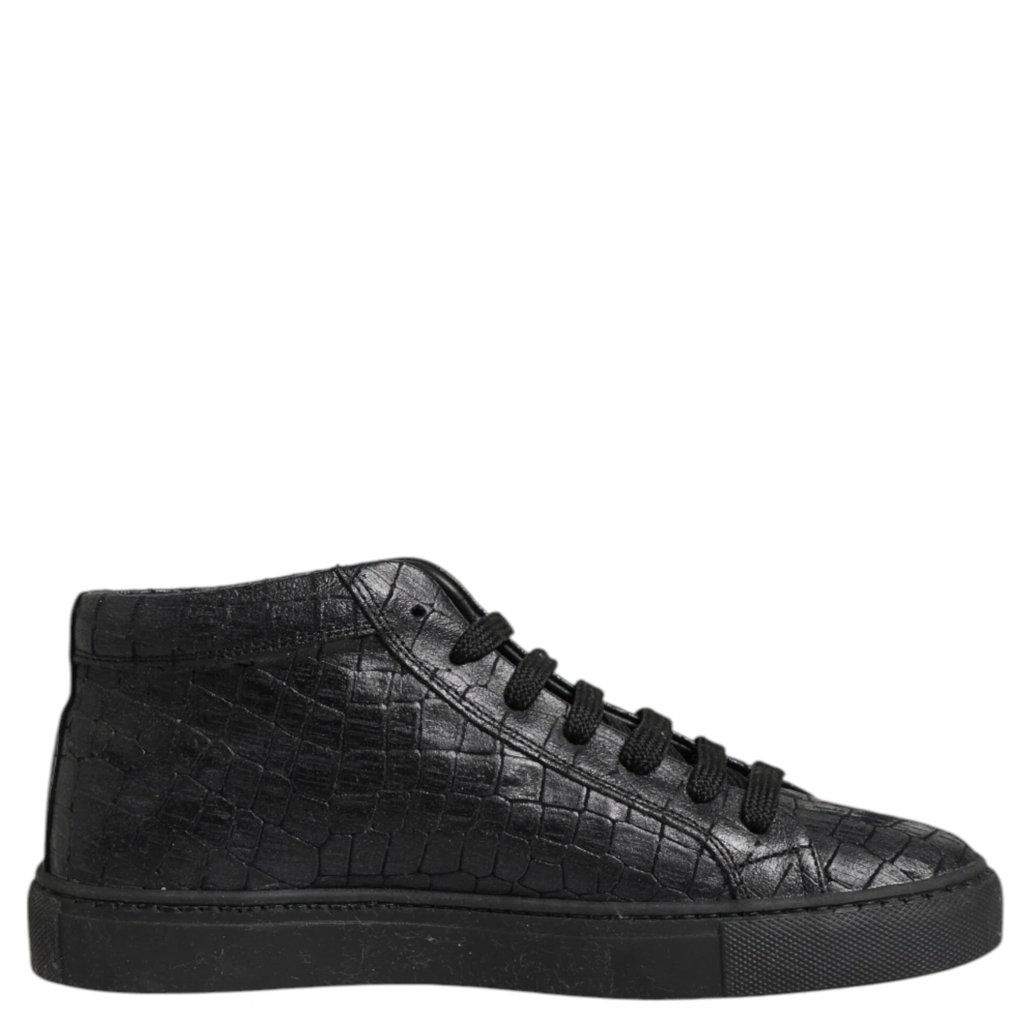 Black Leather Lace Up Mid Top Sneakers Shoes