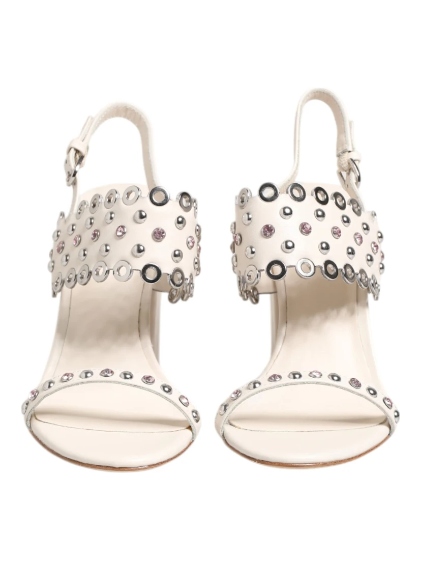 White Block Heeled Studded Quarter Strap Sandals Shoes