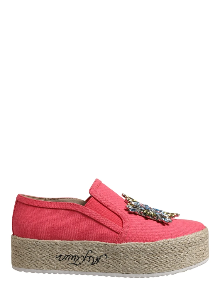 Pink Canvas Crystal Embellished Slip On Shoes