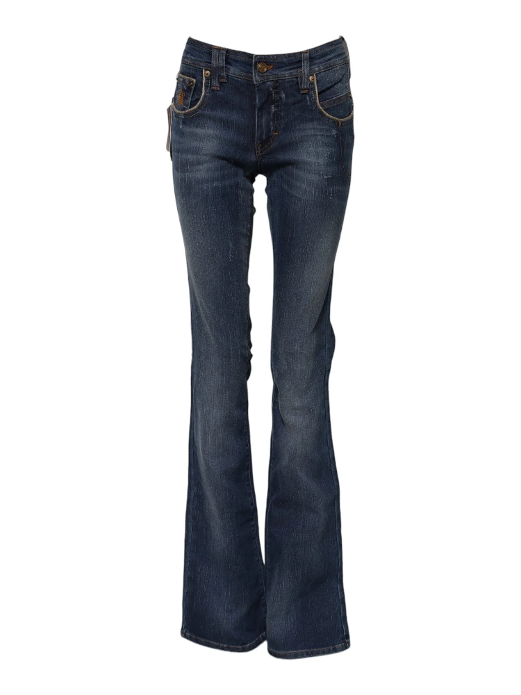 Blue Cotton Mid Waist Wide Leg Denim Jeans