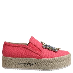 Pink Canvas Crystal Embellished Slip On Shoes