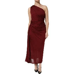 Red Viscose Fitted One Shoulder Midi Dress