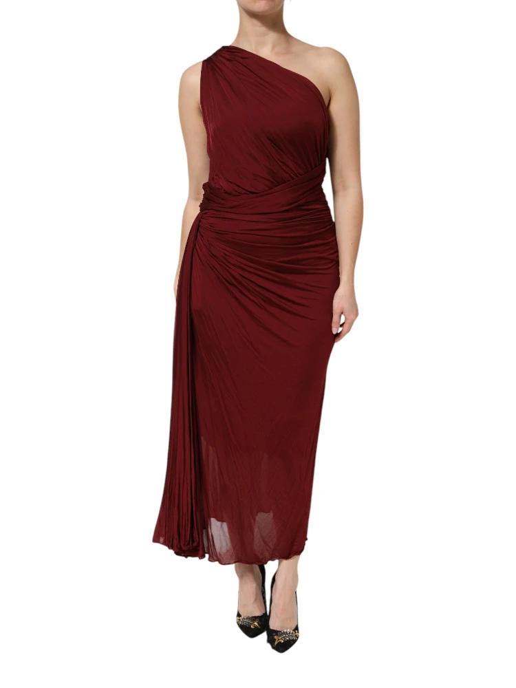 Red Viscose Fitted One Shoulder Midi Dress