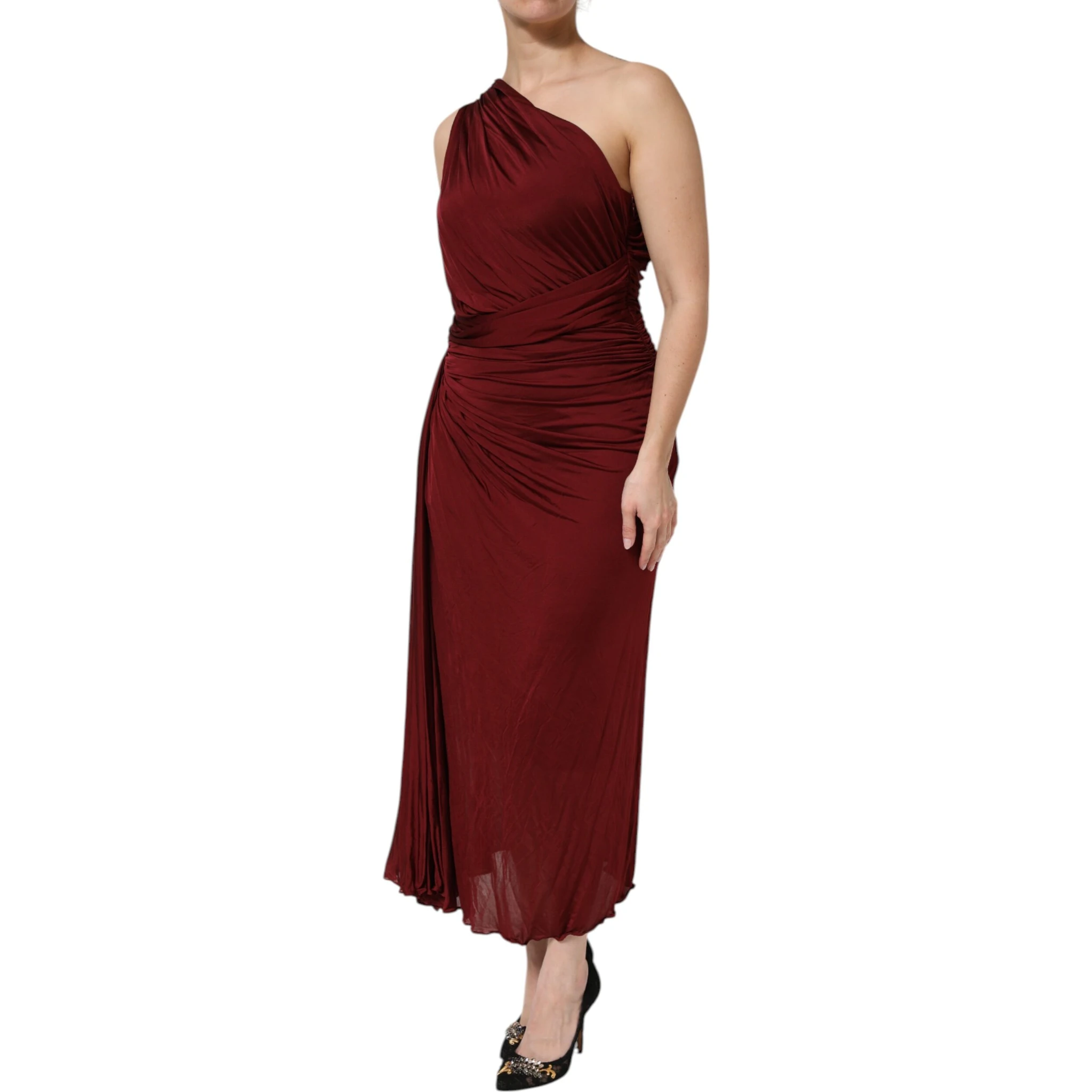 Red Viscose Fitted One Shoulder Midi Dress