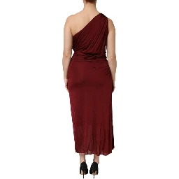 Red Viscose Fitted One Shoulder Midi Dress