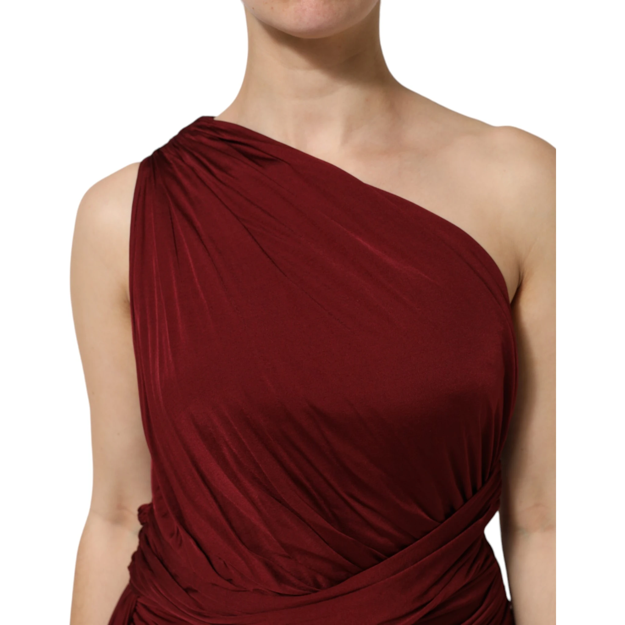 Red Viscose Fitted One Shoulder Midi Dress