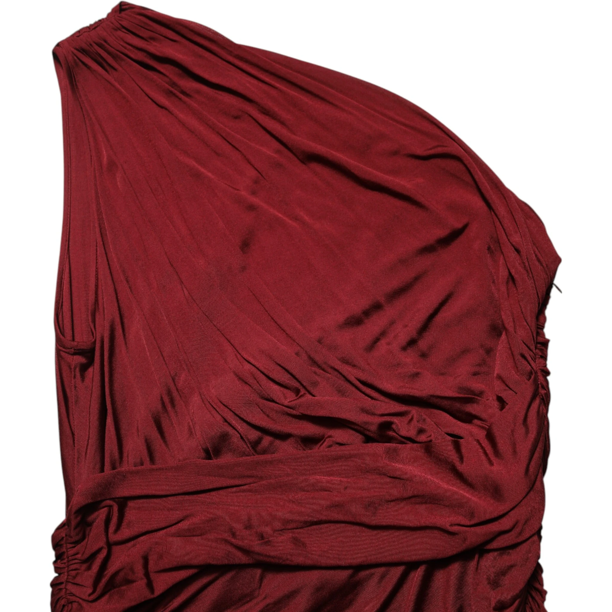 Red Viscose Fitted One Shoulder Midi Dress