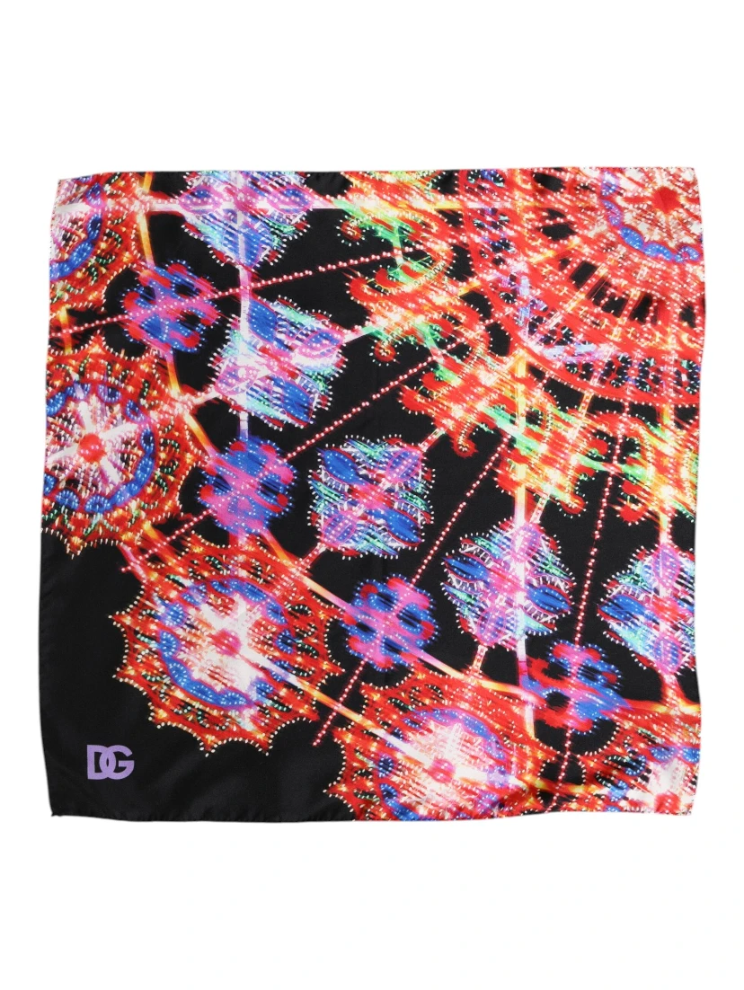 Black Multicolor Print Square Foulard Scarf