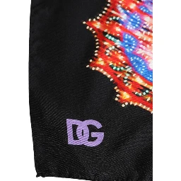 Black Multicolor Print Square Foulard Scarf