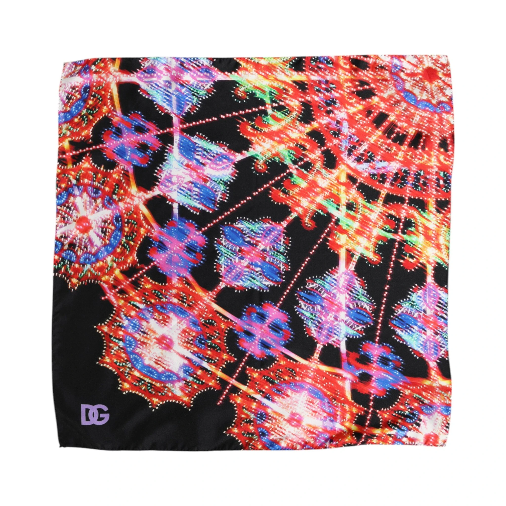 Black Multicolor Print Square Foulard Scarf