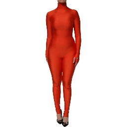 Red Nylon Turtleneck Bodycon Jumpsuit Dress