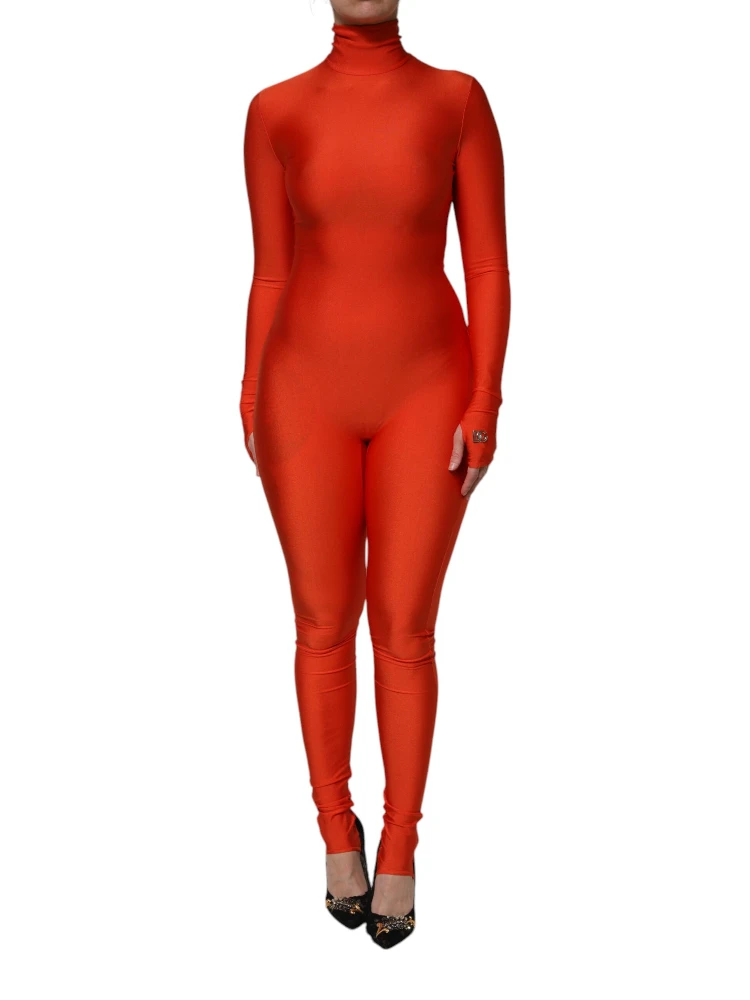 Red Nylon Turtleneck Bodycon Jumpsuit Dress