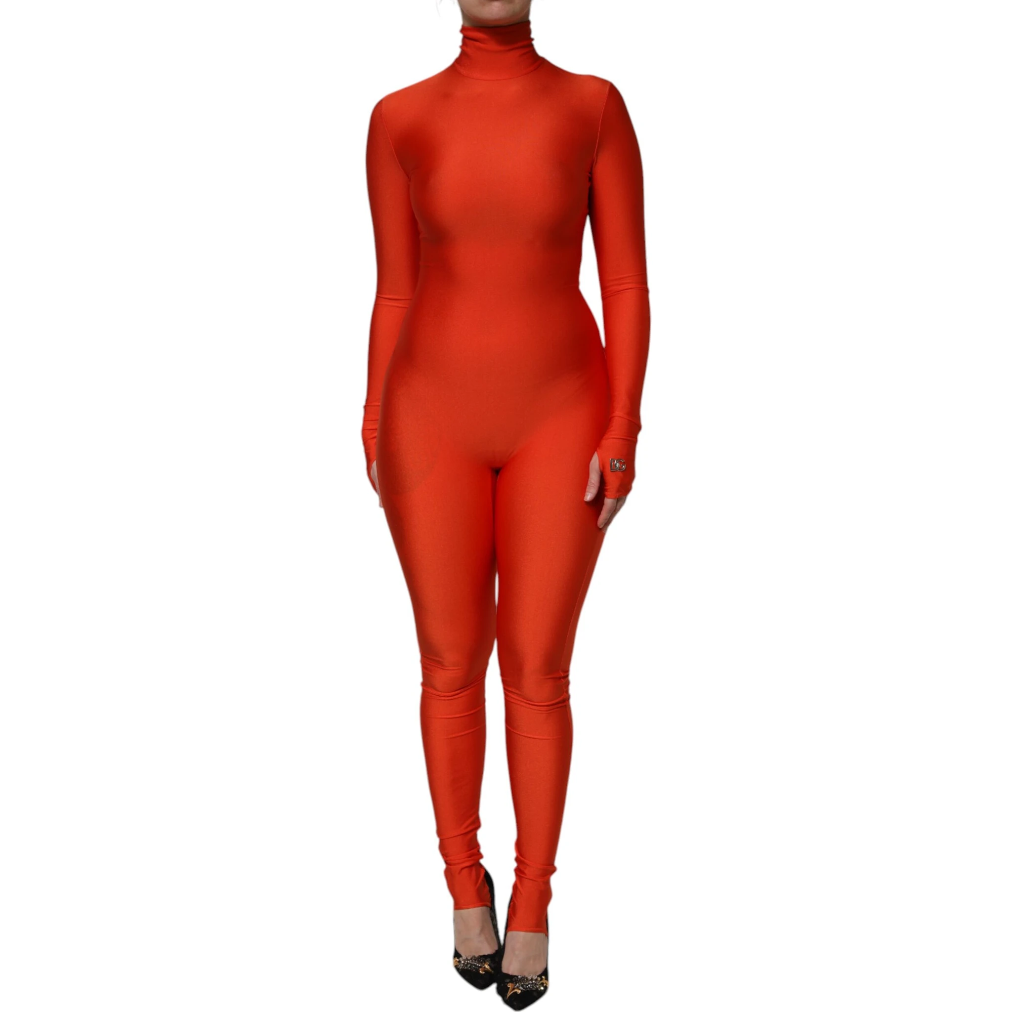 Red Nylon Turtleneck Bodycon Jumpsuit Dress