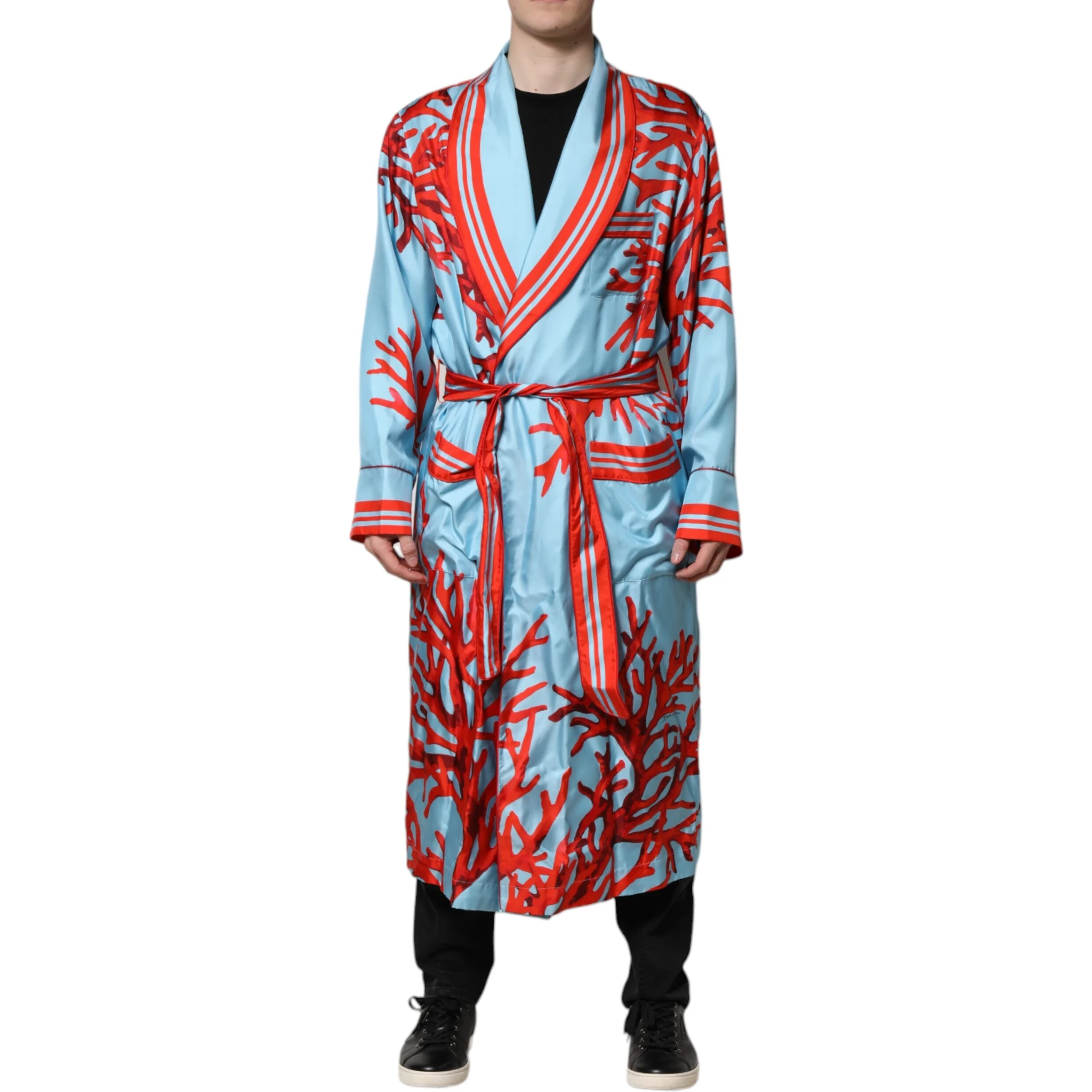 Blue Red Coral Print Wrap Robe Coat Jacket