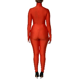 Red Nylon Turtleneck Bodycon Jumpsuit Dress