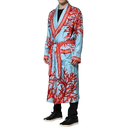 Blue Red Coral Print Wrap Robe Coat Jacket