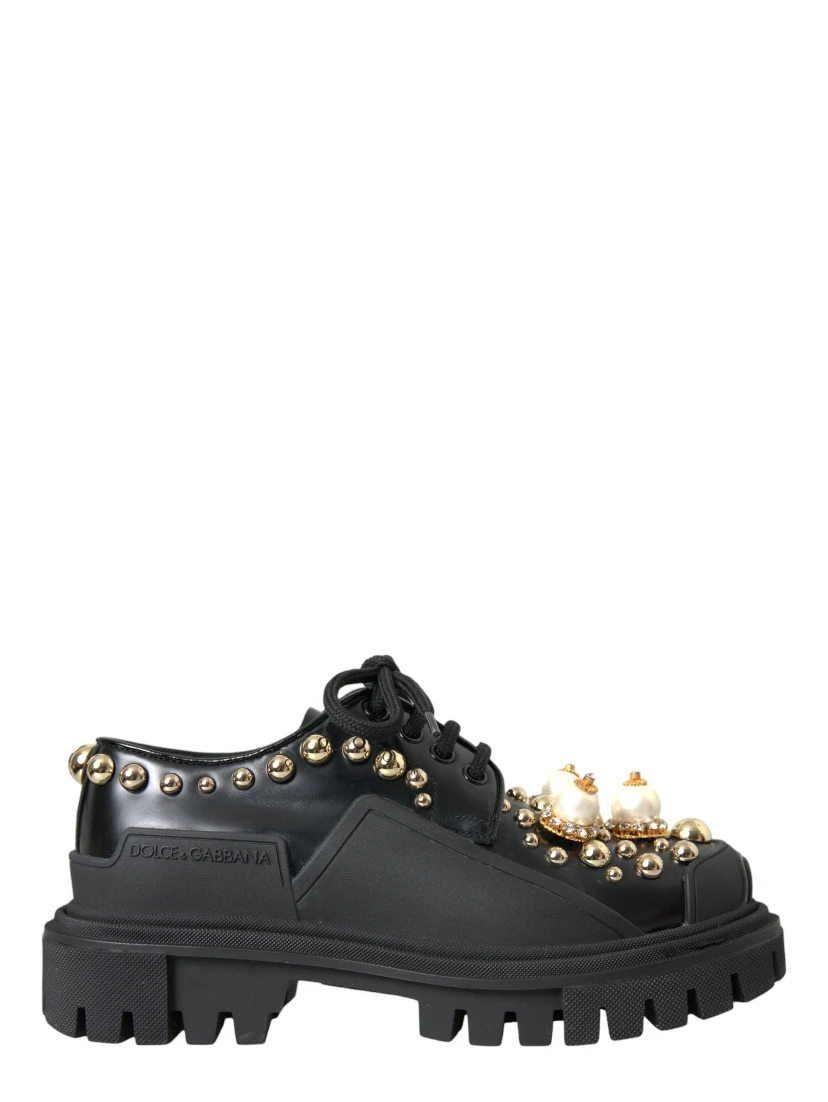 Black Leather Trekking Derby Embellished Shoes