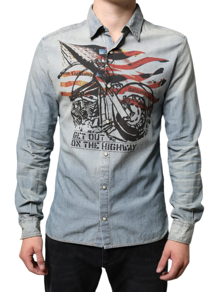 Light Blue Printed Cotton Denim Long Sleeves Shirt