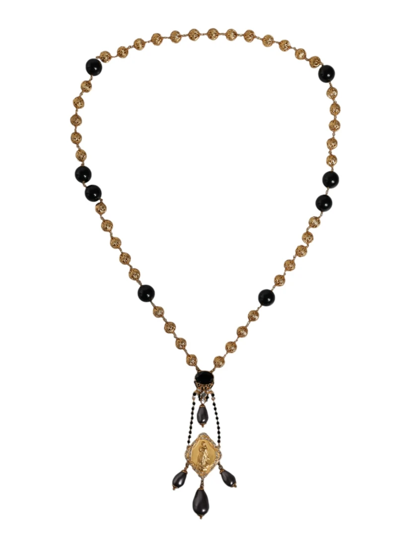 Gold Chain Brass Black Beaded Rosary Style Necklace