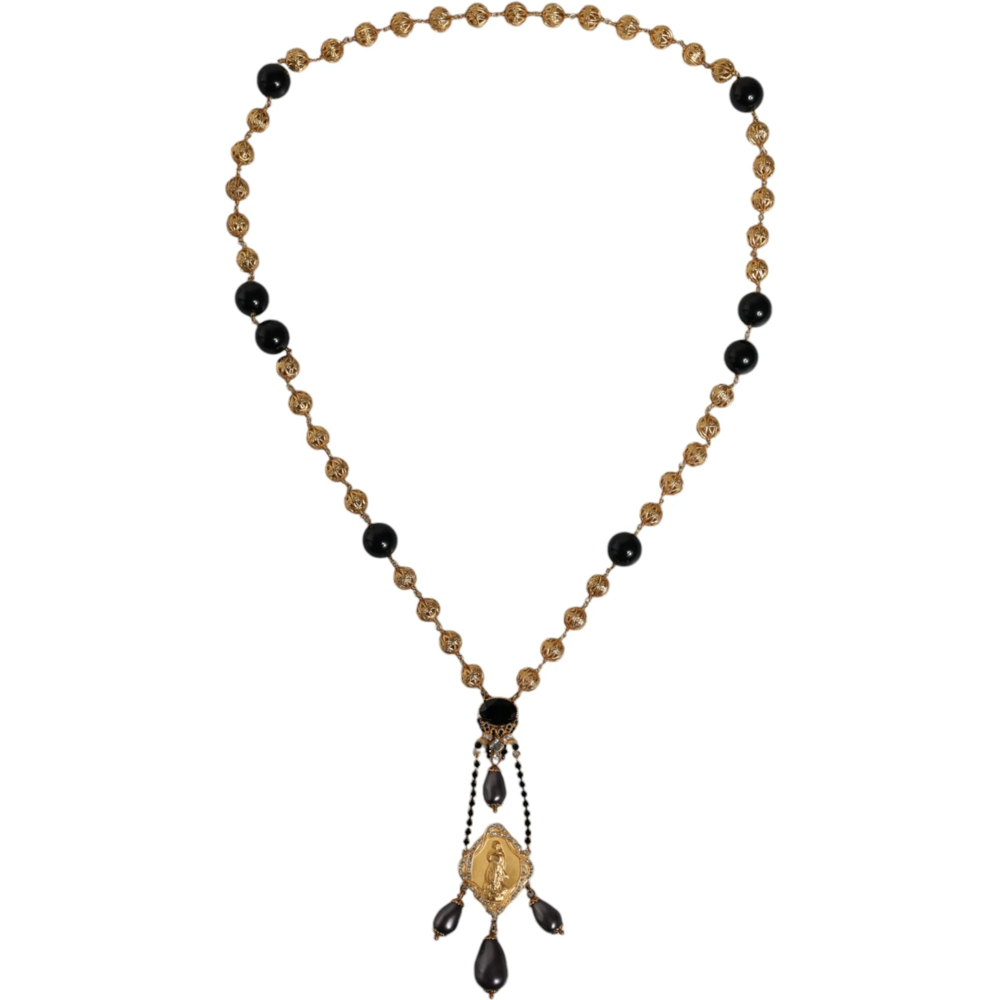 Gold Chain Brass Black Beaded Rosary Style Necklace