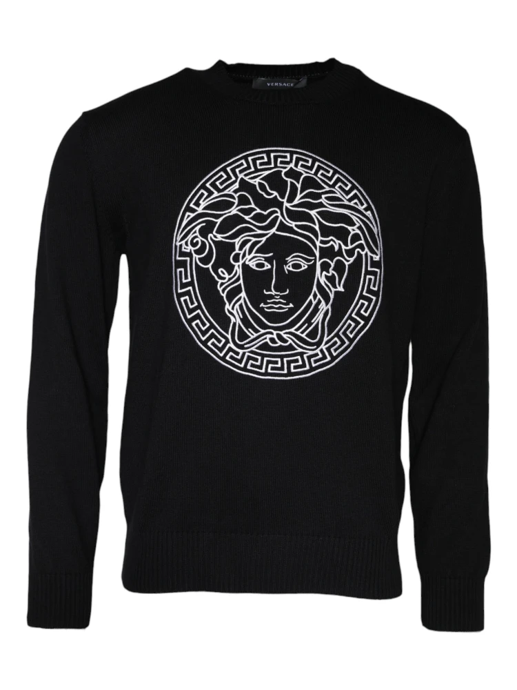 Black Medusa Embroidery Crew Neck Pullover Sweater